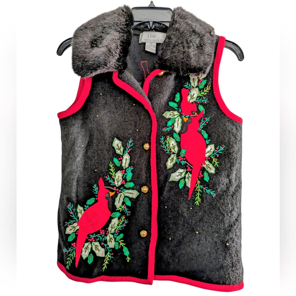 Lisa International Womens S Vest Black Boiled Wool Cardinal Holiday Embroidered